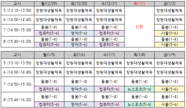 2025학년도 겨울방학(창의융합캠프기간/신청자) 시간표