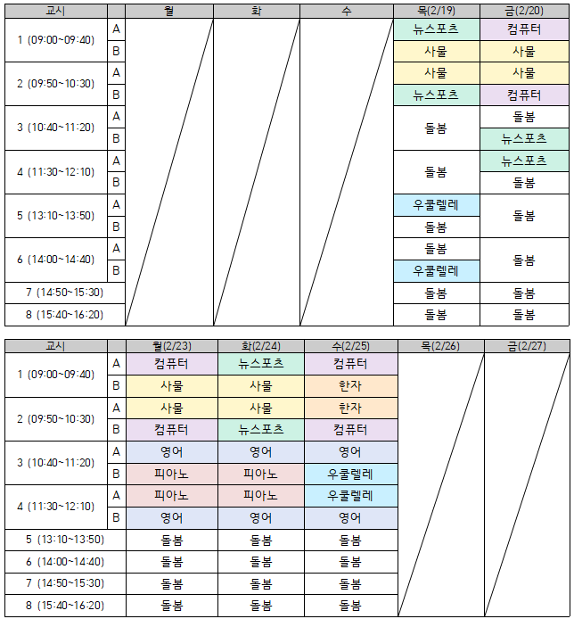 2025학년도 학년말방학(집중돌봄기간/신청자) 시간표